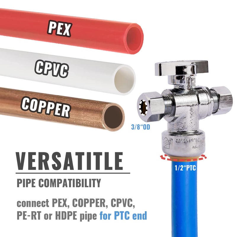 SUNGATOR Dual Compression Outlet Stop Valve, 1/2" Push-to-Connect x 3/8" Compression Push Fit Shut Off Water Valve with Disconnect Clip & Tape, Chrome Plated No Lead Brass for PEX, Copper, CPVC - Image 4